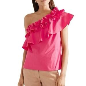 Saloni Blouse One Shoulder Ruffle Stretch Cotton Pink Poplin Stretch